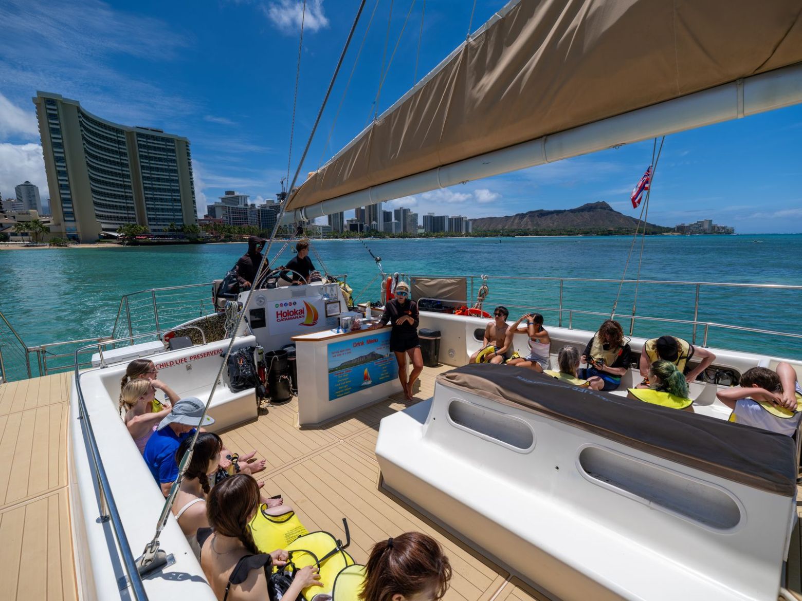 Holokai Catamaran seating area and deck during Turtle Canyon Snorkel