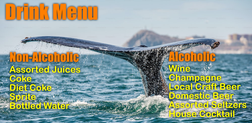 Drink menu overlaid on a whale tail above ocean. Non-alcoholic and alcoholic options listed.