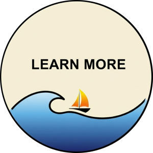 Holokai website circle with 'LEARN MORE' text above wave and sailboat graphic.
