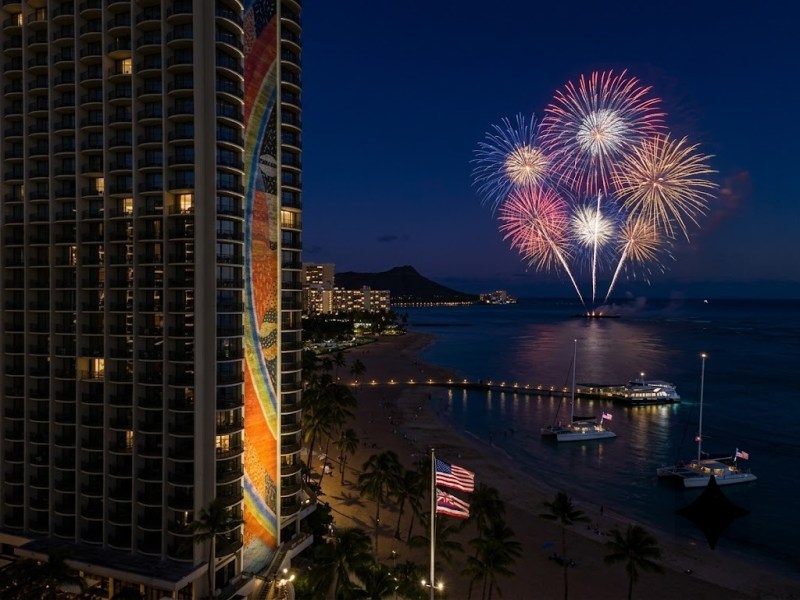 Fireworks over a city beach at night with lit building and ocean view. Holokai Catamaran